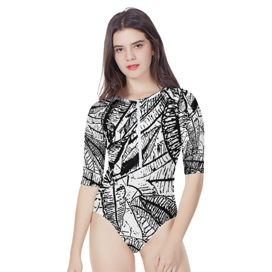 Black and White Croton Women's Long Sleeve One Piece Swimsuit