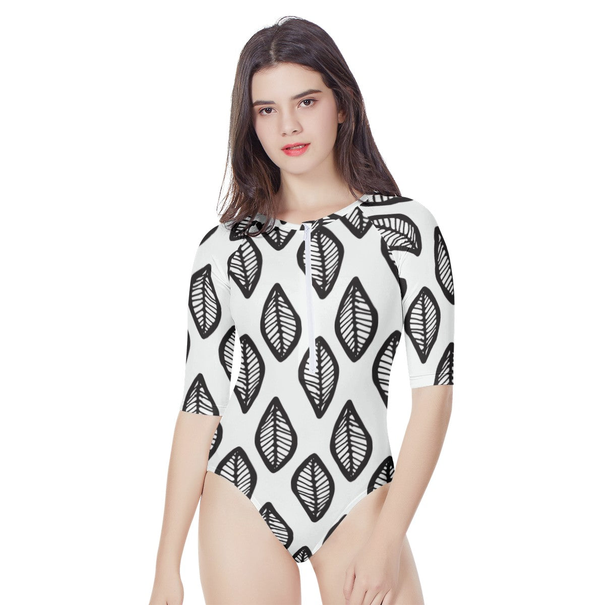 African Mudcloth #16 Black and White Women's Long Sleeve One Piece Swimsuit