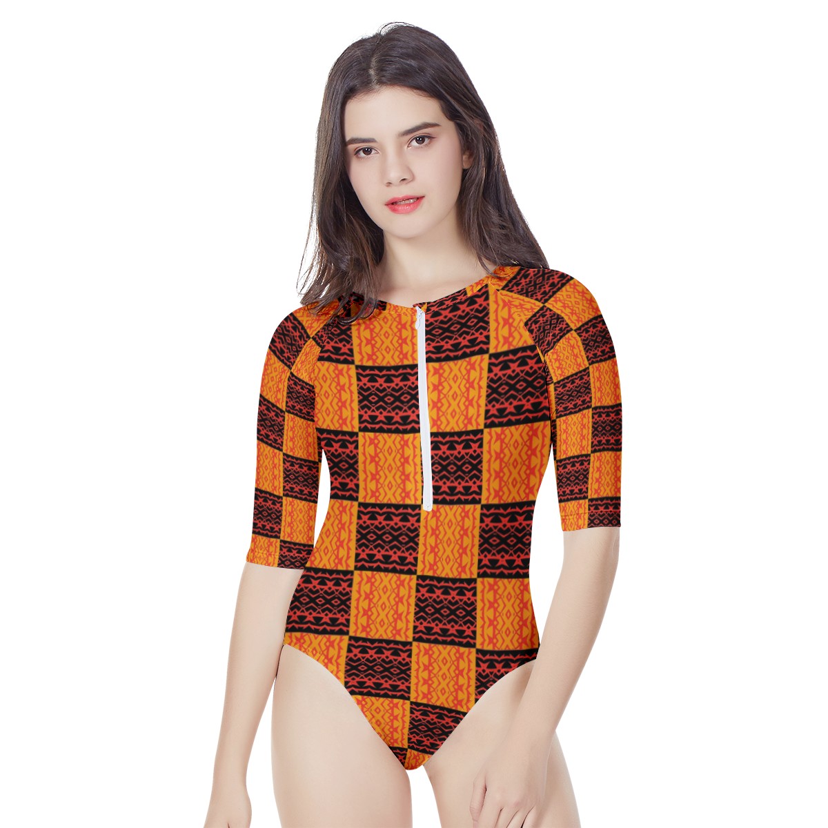 Black and Orange Tribal Design Women's Long Sleeve One Piece Swimsuit