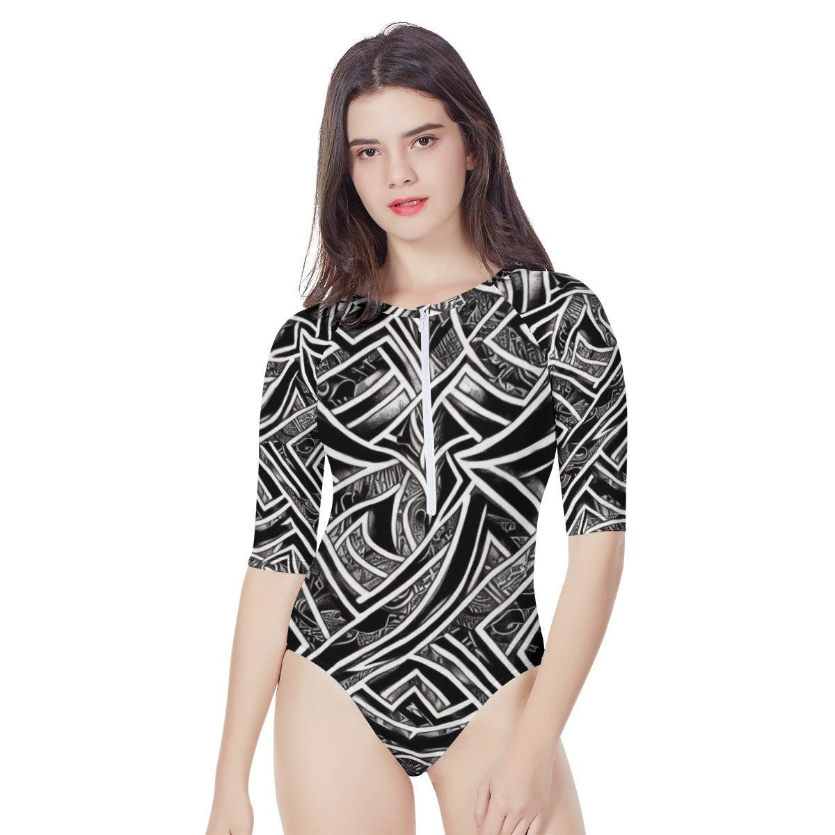 Black and White Polynesian Women's Long Sleeve One Piece Swimsuit