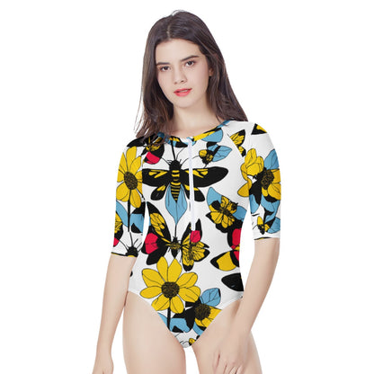 Bees and Sunflowers Women's Long Sleeve One Piece Swimsuit