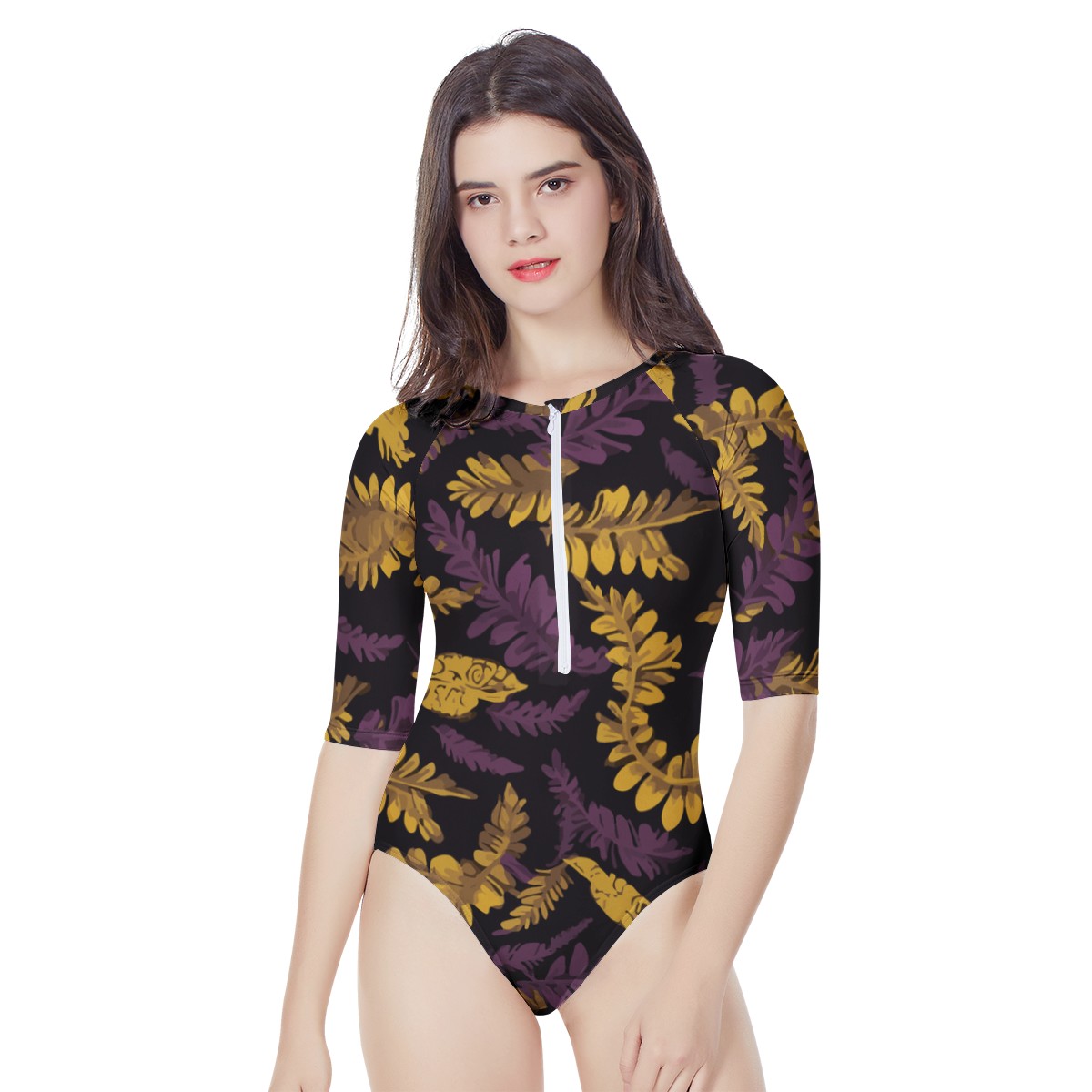 Lauae Purple and Yellow Women's Long Sleeve One Piece Swimsuit