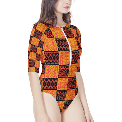 Black and Orange Tribal Design Women's Long Sleeve One Piece Swimsuit