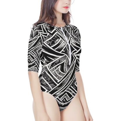 Black and White Polynesian Women's Long Sleeve One Piece Swimsuit