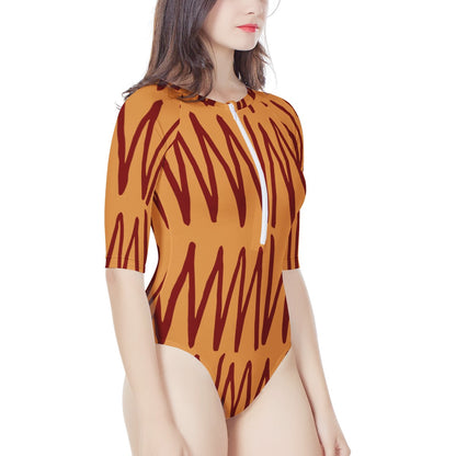 African Ethnic Mudcloth Orange Women's Long Sleeve One Piece Swimsuit