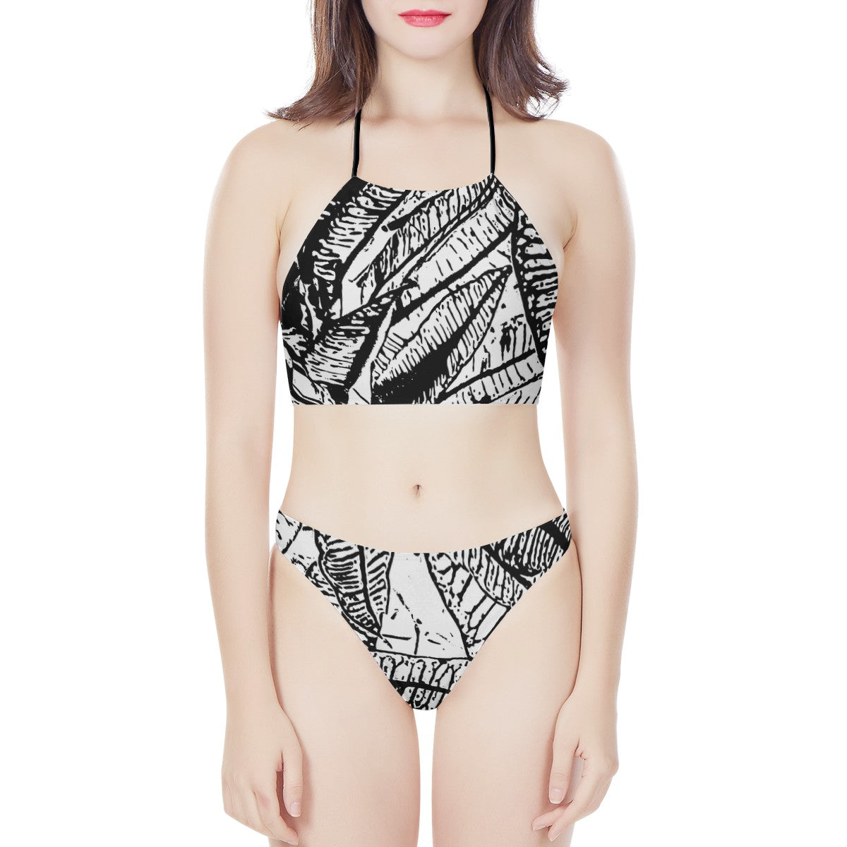 Black and White Croton New Women's High Neck Bikinis Swimsuit