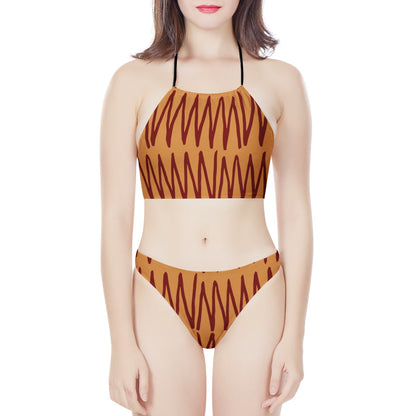 African Ethnic Mudcloth Orange New Women's High Neck Bikinis Swimsuit