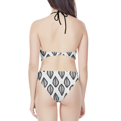 African Mudcloth #16 Black and White New Women's High Neck Bikinis Swimsuit