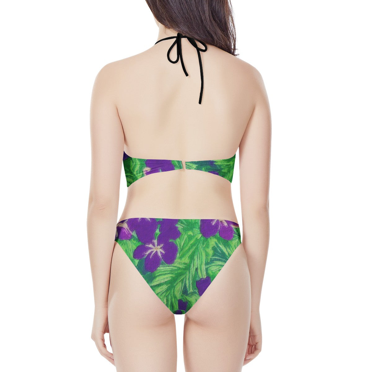 Blue Flag Iris on Green New Women's High Neck Bikinis Swimsuit - Luxtrini, LLC