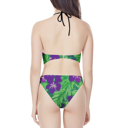 Blue Flag Iris on Green New Women's High Neck Bikinis Swimsuit - Luxtrini, LLC