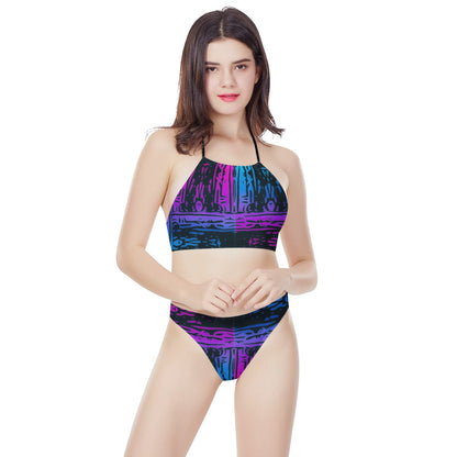 San Marcos Plaid Blue and Purple New Women's High Neck Bikinis Swimsuit