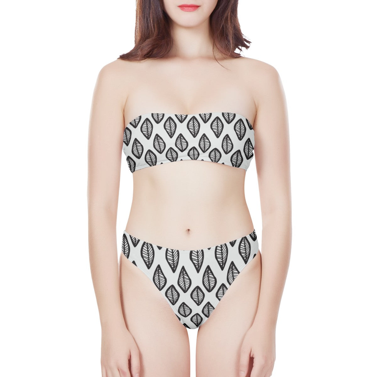 African Mud Print #16 Black and White Women's Bandeau Strapless Bikinis Swimsuit