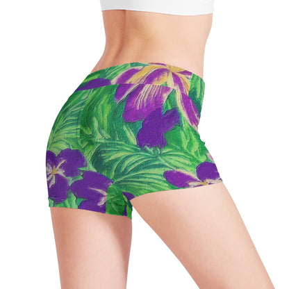 Blue Flag Iris on Green Women Sports Trunks - Luxtrini, LLC