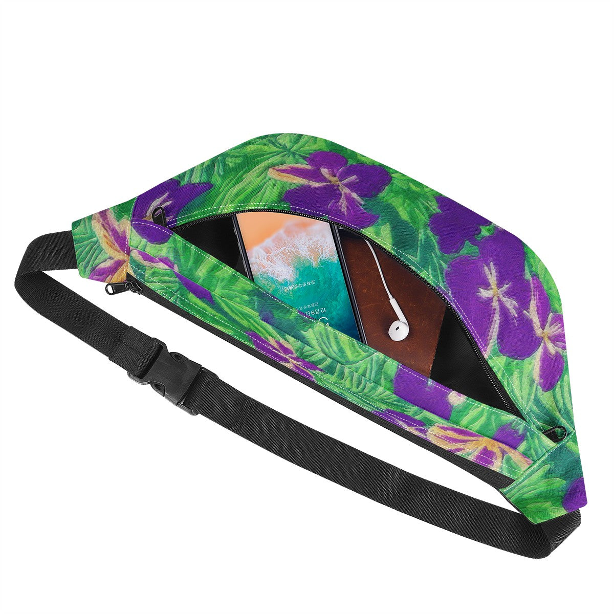 Blue Flag Iris on Green Large Fanny Bag - Luxtrini, LLC