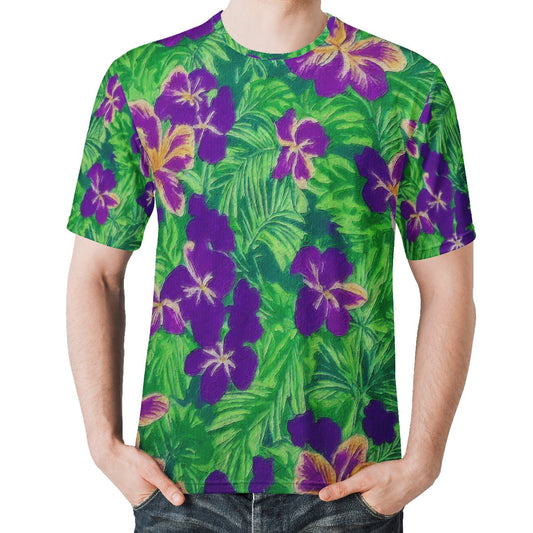 Blue Flag Iris on Green Men's All Over Print Basic Tee - Luxtrini, LLC