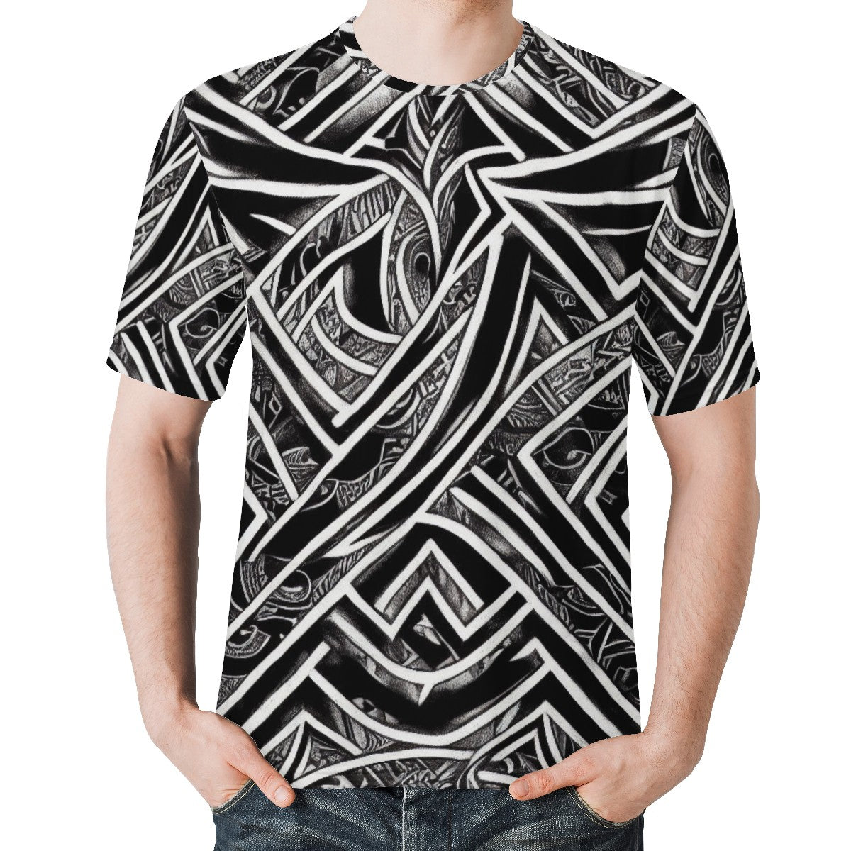 Black and White Polynesian Men's All Over Print Basic Tee