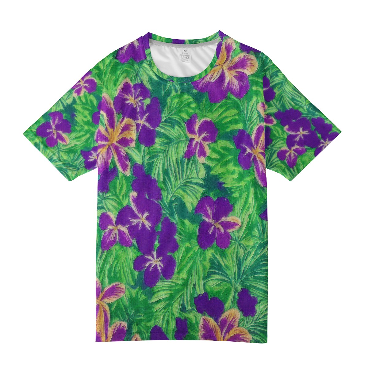 Blue Flag Iris on Green Men's All Over Print Basic Tee - Luxtrini, LLC