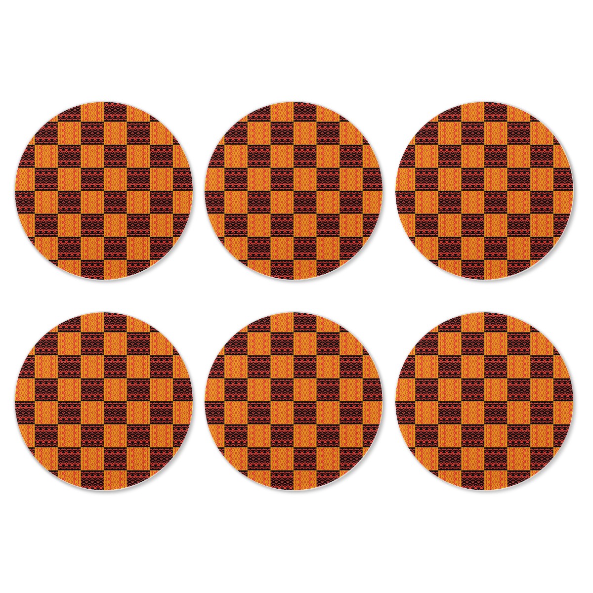 6 Pieces Cup Mats Set - Coasters - Black and Orange Tribal Design