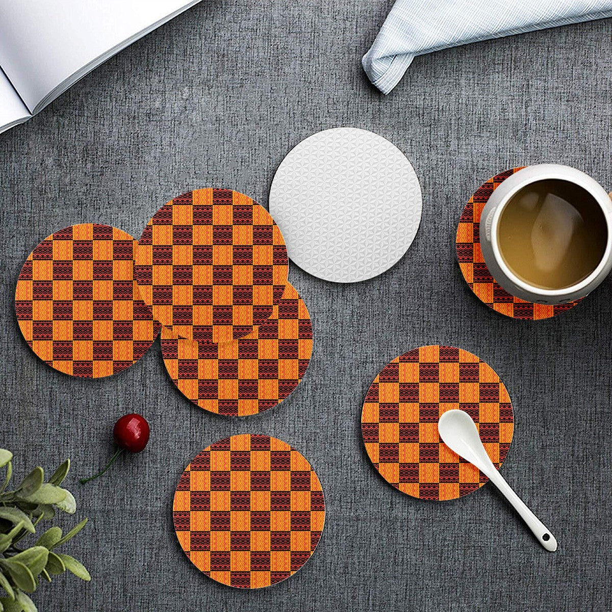 6 Pieces Cup Mats Set - Coasters - Black and Orange Tribal Design