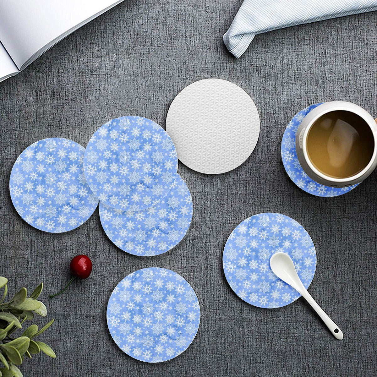 6 Pieces Cup Mats Set - Coasters - Snow Flakes | Blue