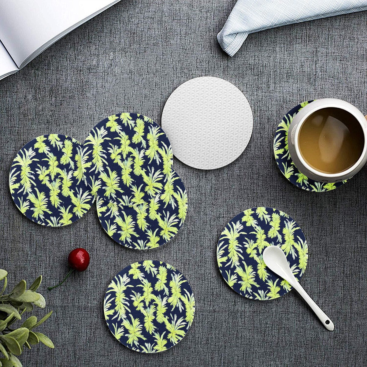 Puakenikeni - Lime Green and Black 6 Pieces Cup Mats Set - Luxtrini, LLC