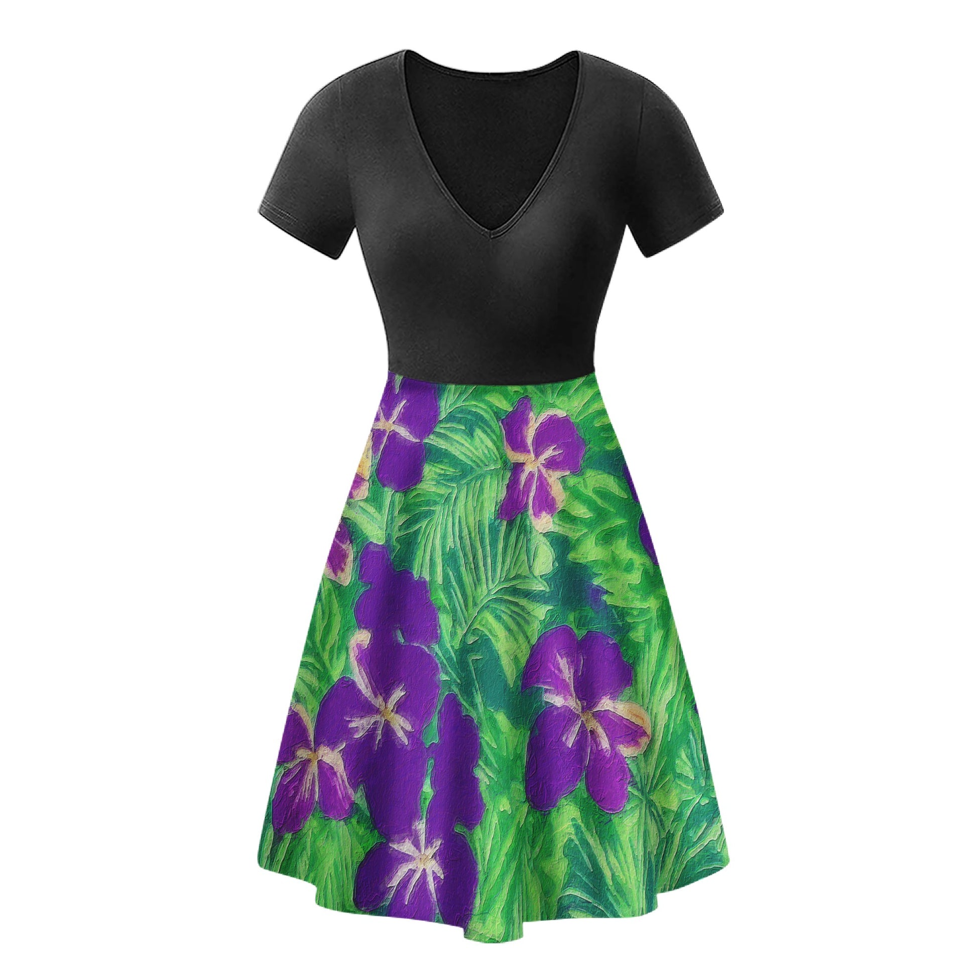 Blue Flag Iris on Green Black Ruffle Bottom Dress - Luxtrini, LLC