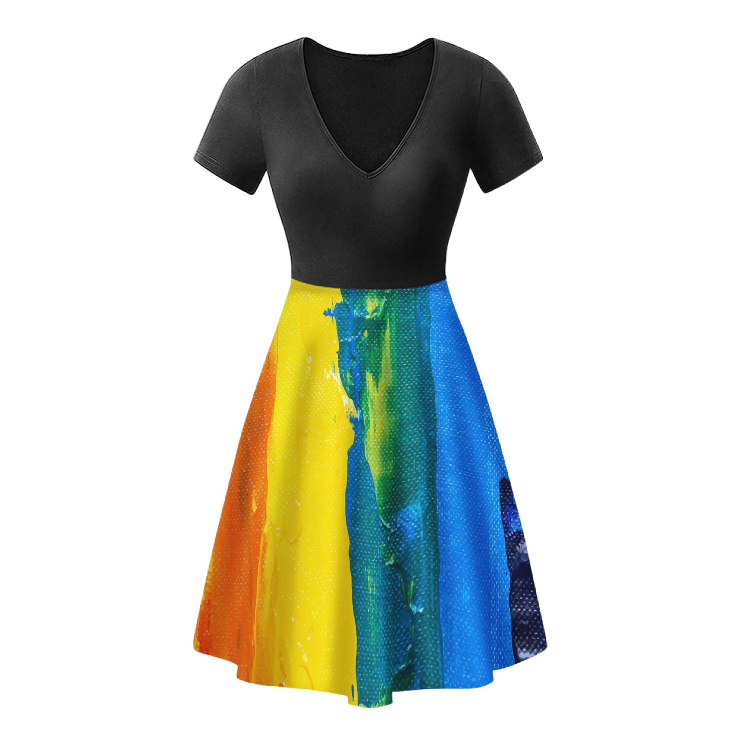 Rainbow Painting Black V-Neck Women Ruffle Bottom Dress