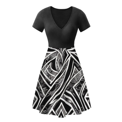 Black and White Polynesian Black V-Neck Women Ruffle Bottom Dress