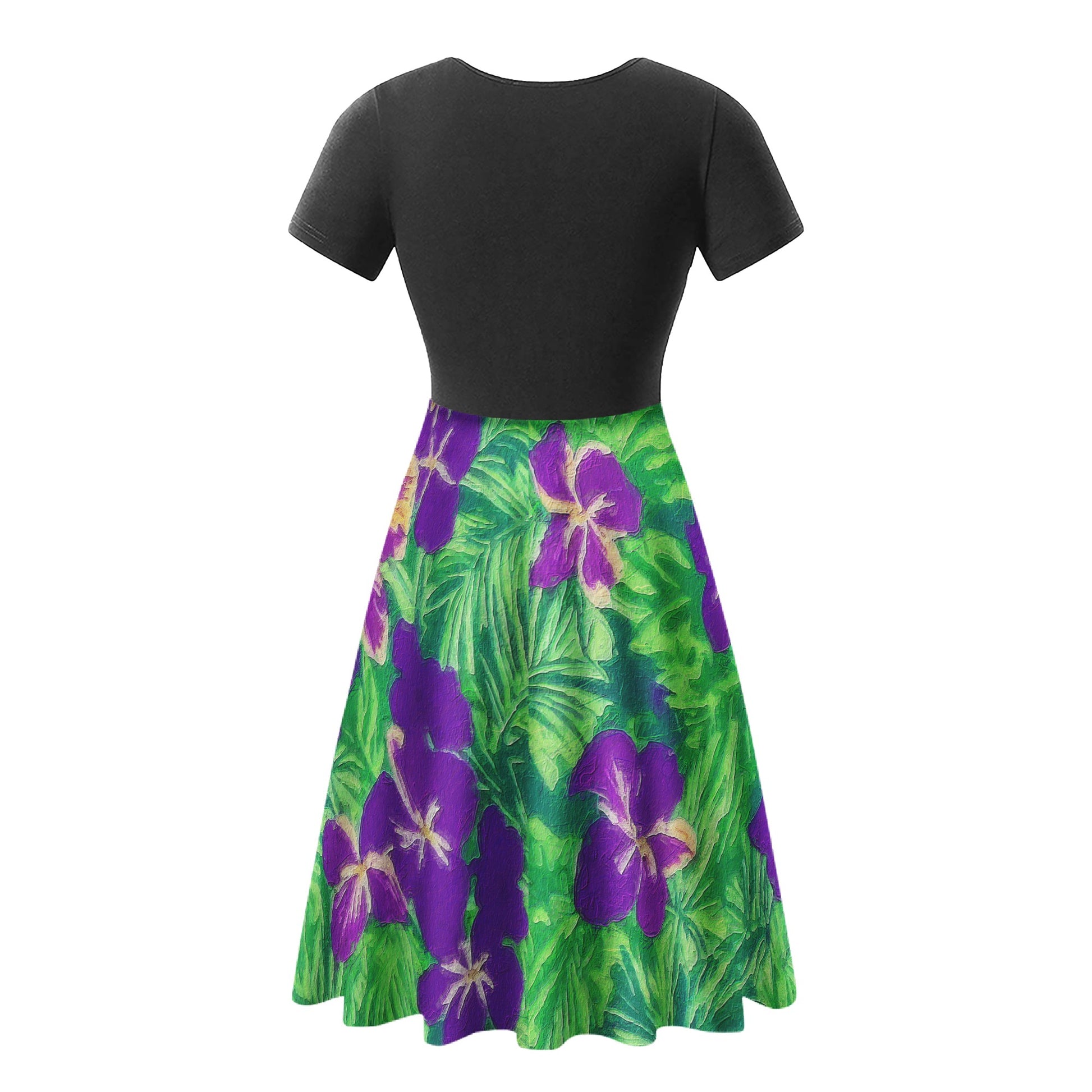 Blue Flag Iris on Green Black Ruffle Bottom Dress - Luxtrini, LLC