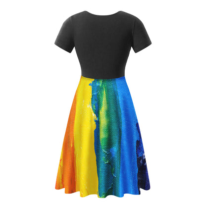 Rainbow Painting Black V-Neck Women Ruffle Bottom Dress