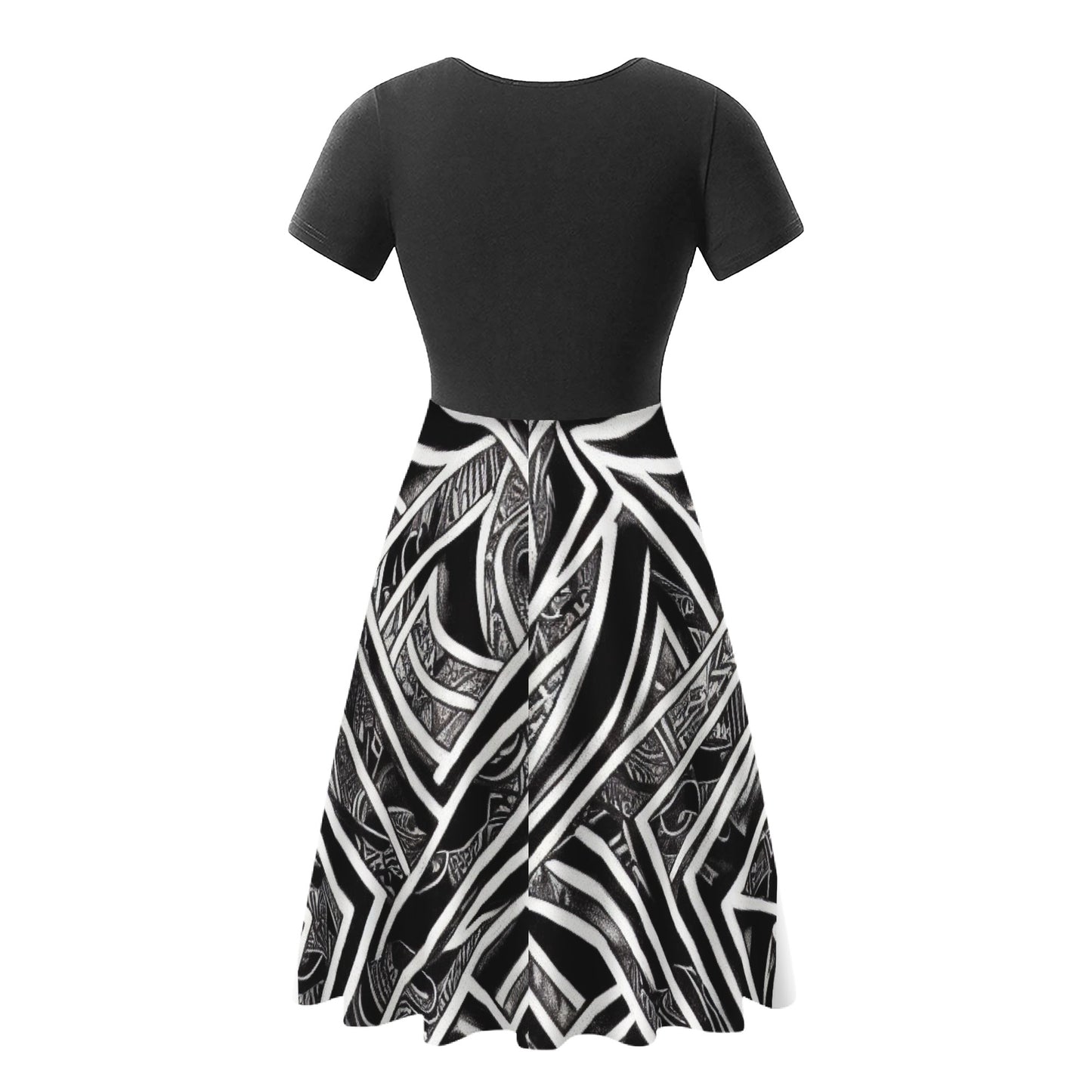 Black and White Polynesian Black V-Neck Women Ruffle Bottom Dress