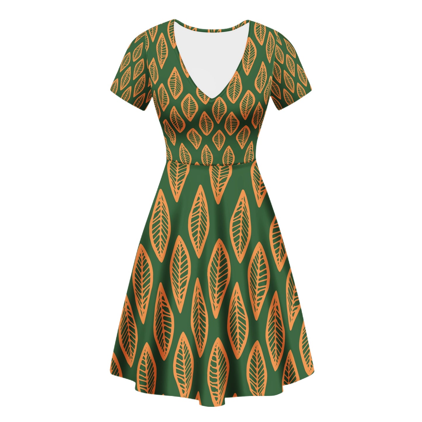 African | Ethnic | Mudcloth | #16 Green and Orange V-Neck Women Ruffle Bottom Dress