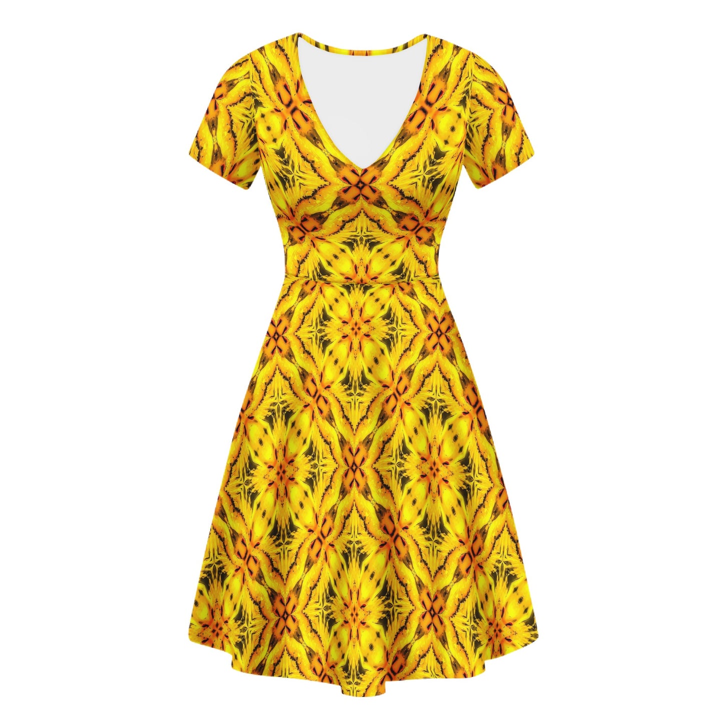 Yellow Toghu: Cameroon | Women V-Neck | Ruffle Bottom Dress