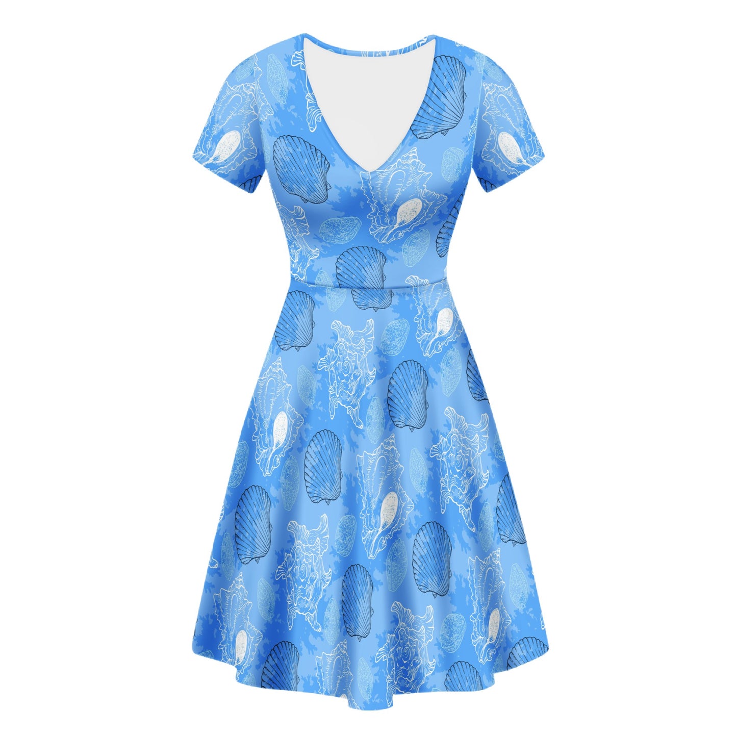 Blue Seashell Ocean Women V-Neck Women Ruffle Bottom Dress