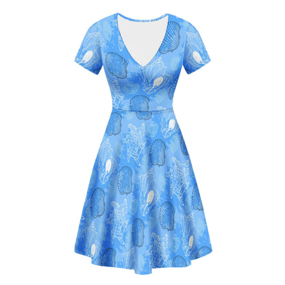 Blue Seashell Ocean Women V-Neck Women Ruffle Bottom Dress