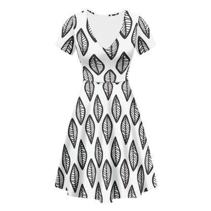 African | Ethnic | Mudcloth | #16 Black and White V-Neck Women Ruffle Bottom Dress