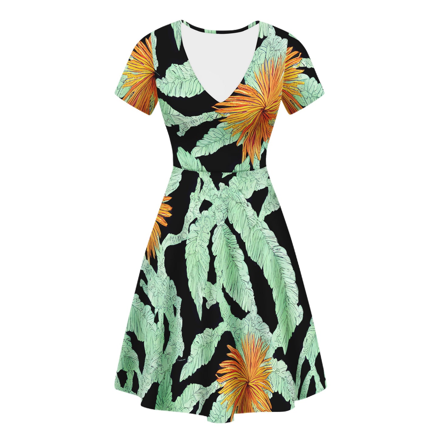 Palm Fronds V-Neck Women Ruffle Bottom Dress