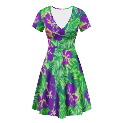 Blue Flag Iris on Green Women Ruffle Bottom Dress - Luxtrini, LLC