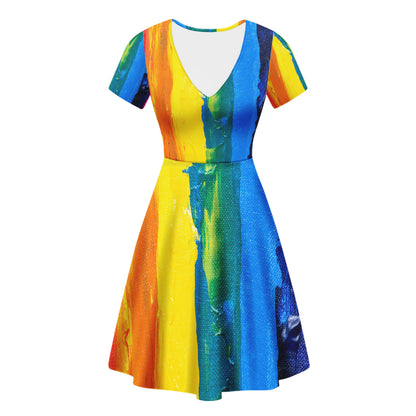 Rainbow Painting V-Neck Women Ruffle Bottom Dress