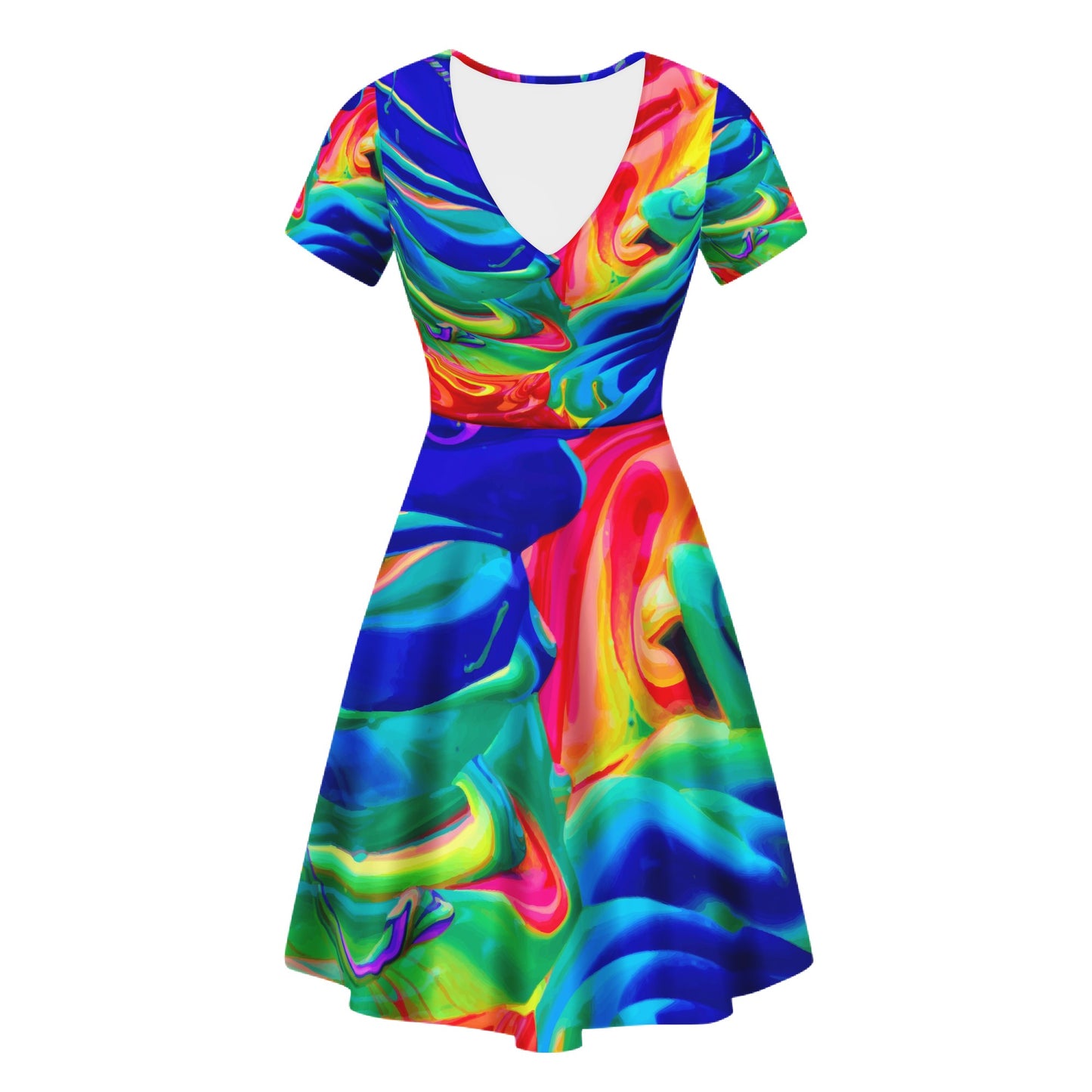 Rainbow Confusion V-Neck Women Ruffle Bottom Dress - Stylish, Versatile, and Perfect for Any Occasion