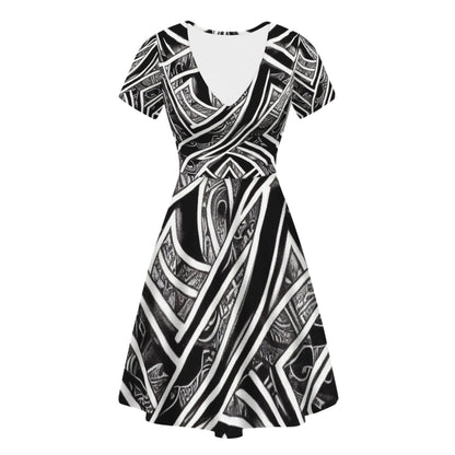 Black and White Polynesian V-Neck Women Ruffle Bottom Dress