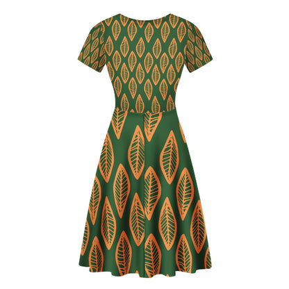 African | Ethnic | Mudcloth | #16 Green and Orange V-Neck Women Ruffle Bottom Dress