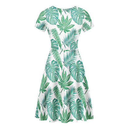 Palm and Monstera Leaf Green V-Neck Women Ruffle Bottom Dress