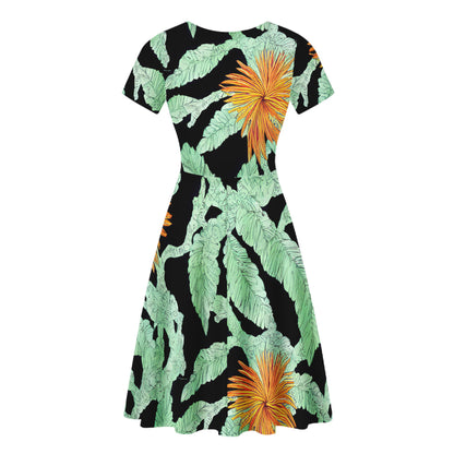 Palm Fronds V-Neck Women Ruffle Bottom Dress