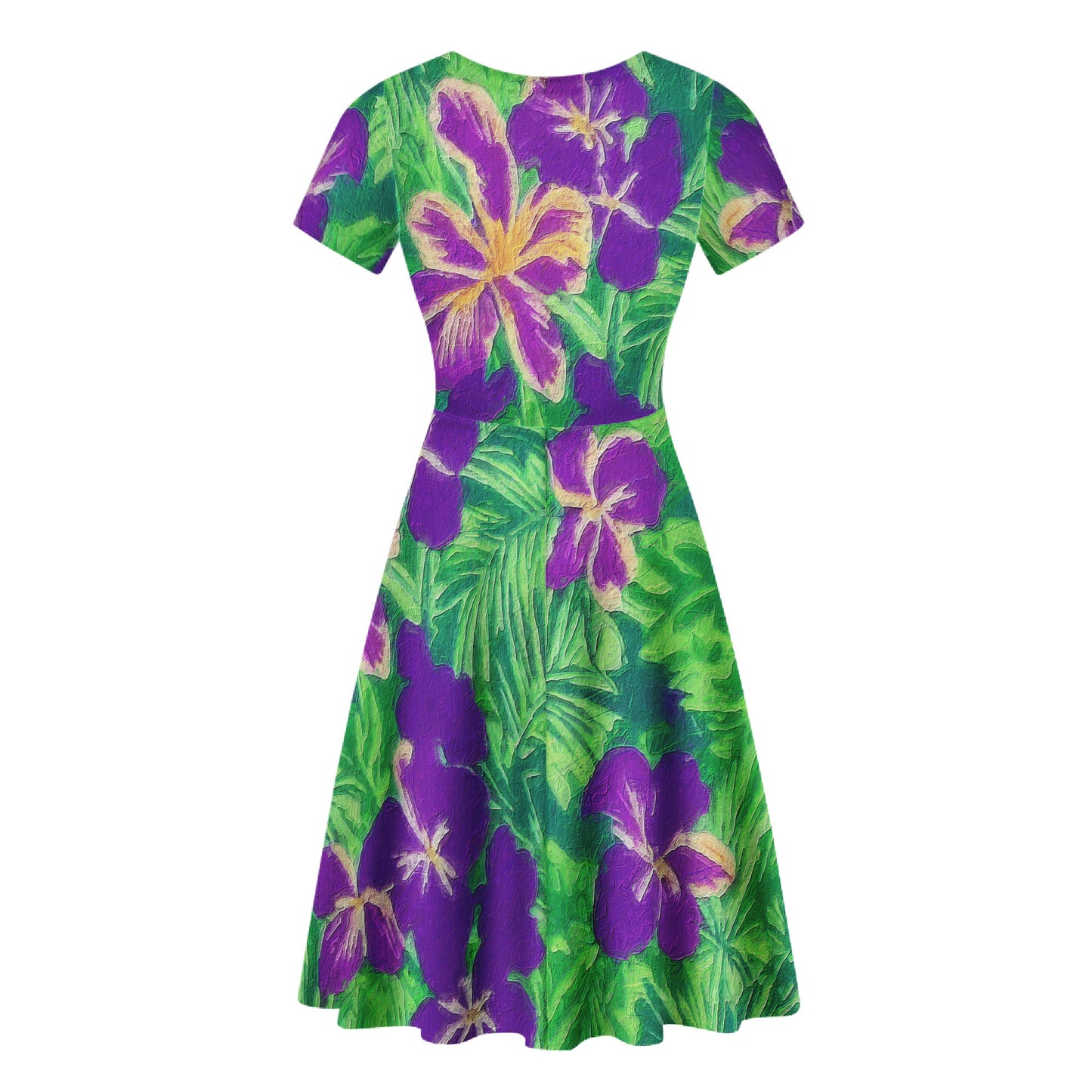 Blue Flag Iris on Green Women Ruffle Bottom Dress - Luxtrini, LLC