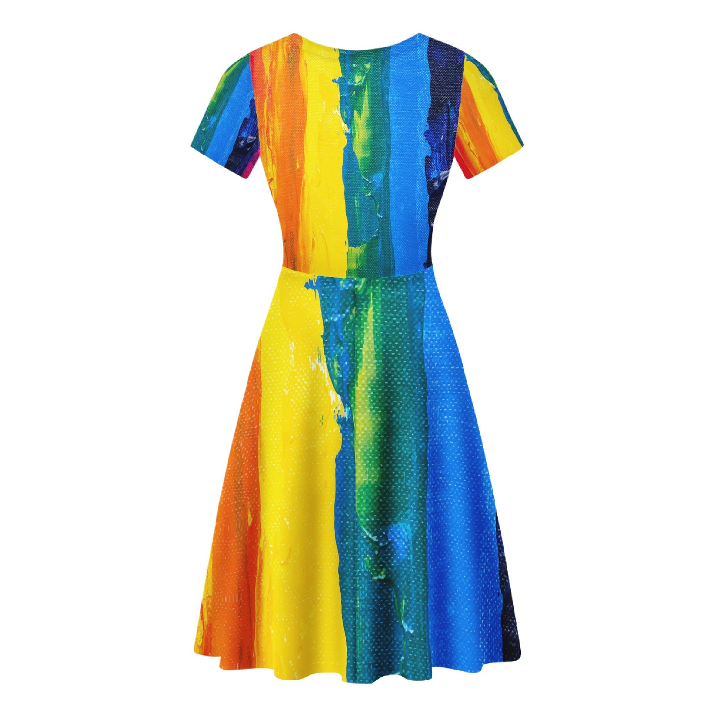 Rainbow Painting V-Neck Women Ruffle Bottom Dress