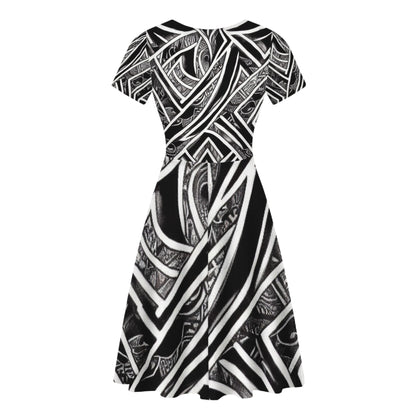 Black and White Polynesian V-Neck Women Ruffle Bottom Dress