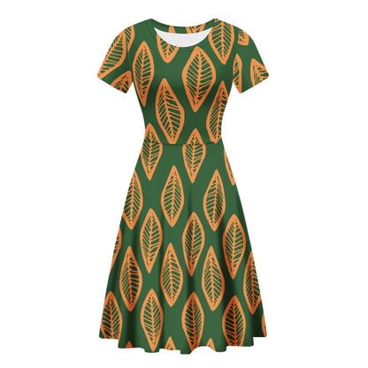 African | Ethnic | Mudcloth | #16 Green and Orange Women Scoop Neck Ruffle Dress