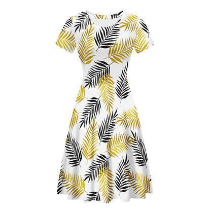 Black and Gold Palm Branches Women Scoop Neck Ruffle Dress