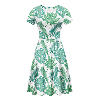 Palm and Monstera Leaf Green Women Scoop Neck Ruffle Dress